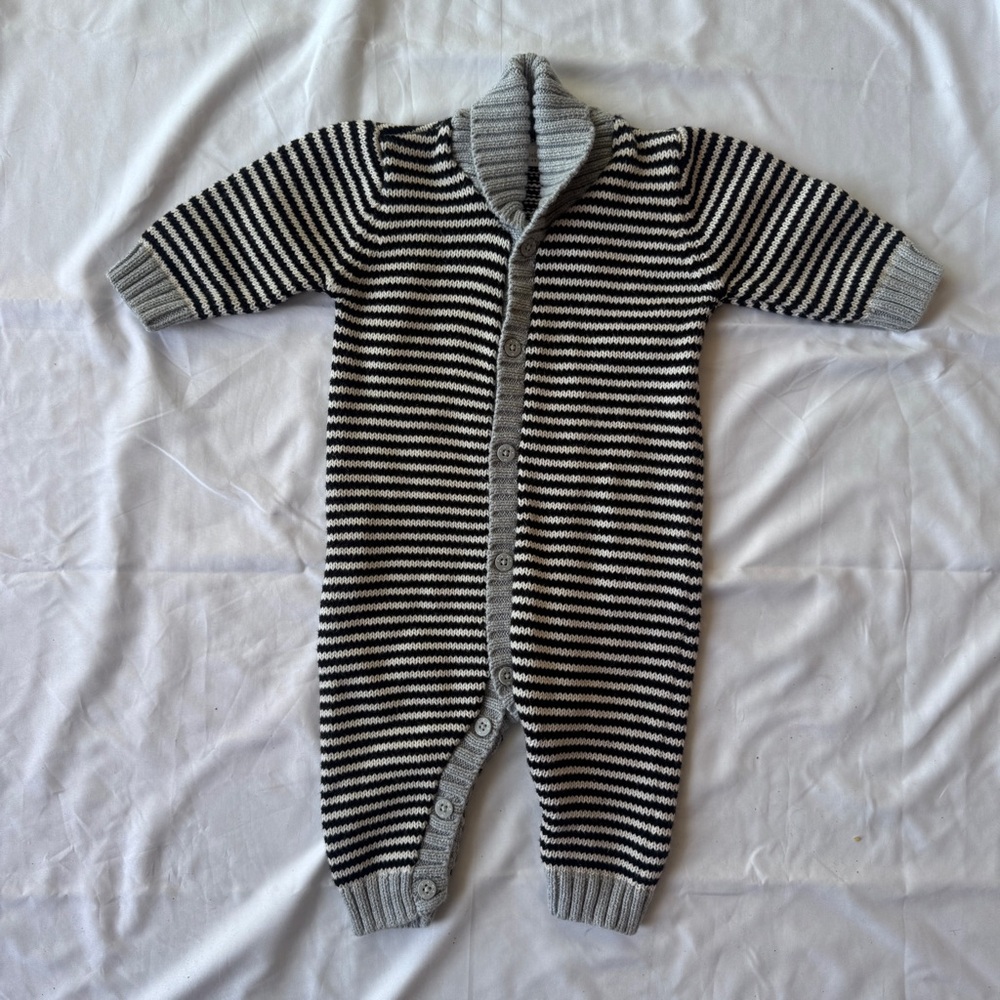 next Striped Knit Cozy Shawl Collar Sweater One-Piece in Gray & Black